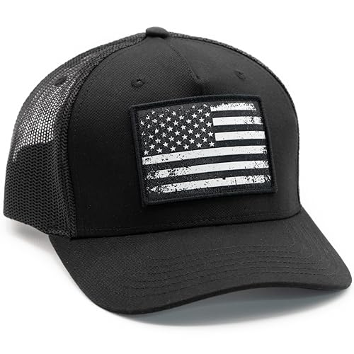 Image of MASHBILL Trucker Hat with Distressed American Flag Patch - Adjustable Snapback Patriotic Cap for Men Women