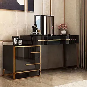 Vandana Interiors Black Makeup Vanity with Flip Top Mirror & Side Cabinet and Drawers Gold Stainless Steel