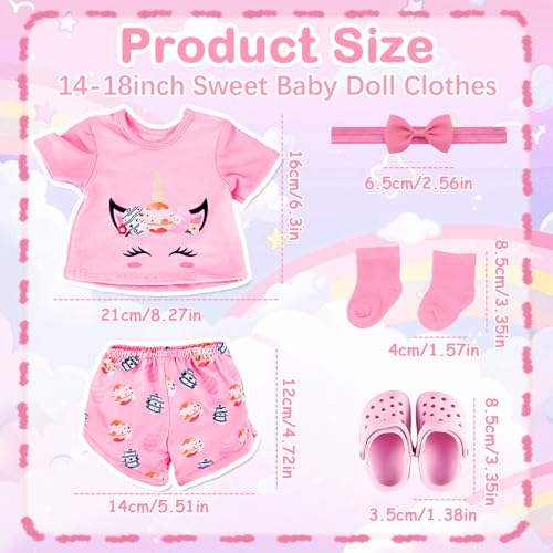 5 sztuk ubrań dla lalek Kompatybilne z lalkami noworodka 35-43 cm, różowe słodkie ubrania dla lalek 14-18 cali z krótkim rękawem, szortami, butami, opaską na włosy i skarpetkami, nowy zestaw 43 cm dla