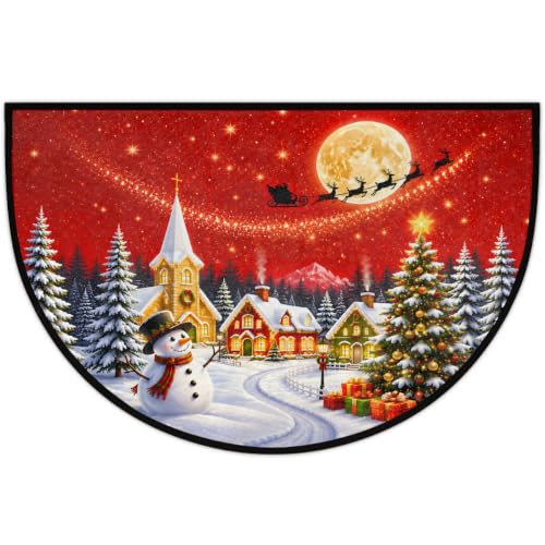 Image of Half Round Doormat Washable Kitchen Semi Circle Rug Christmas Snowman deer