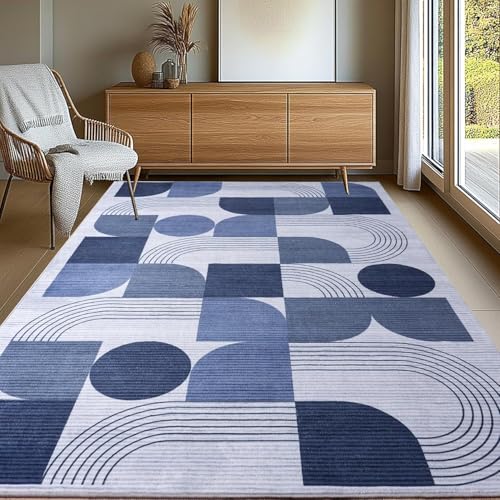 Tapis géométrique moderne bleu et blanc 200x240 cm lavable