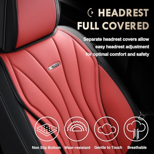 Image of Coverado Seat Covers Full Set, Leather Car Seat Covers, Waterproof Seat Covers for Cars, Front and Back Seat Covers, Car Seat Protectors Car Seat Cushions Universal Fit for Most Cars, Black&Red