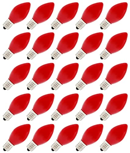 Creative Hobbies Box of 25 Light Bulbs Ceramic Opaque Red Steady Burning 7 Watt Incandescent C7 Candelabra Base - Great for Christmas Strings and Decorative Lights