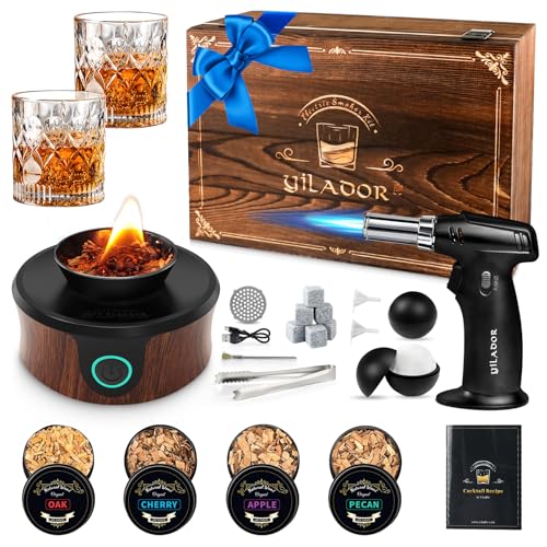 Electric Whiskey Smoker Kit with Torch, Premium Wooden Box, 4 Wood Chips, Ice Molds, Recipes, Cocktail Smoker Kit for Bourbon & Old Fashioned, Ideal Gift for Dad, Husband and Men (No Butane) by iFumado - Used condition - US$26.59