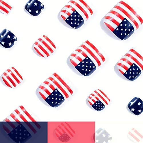 Image of Independence Day Press on Toenails American Flag 4th July Toenail Press ons Stripe Design Glossy Full Cover Short Square Stick on Toe Nails for Women Manicure 24Pcs