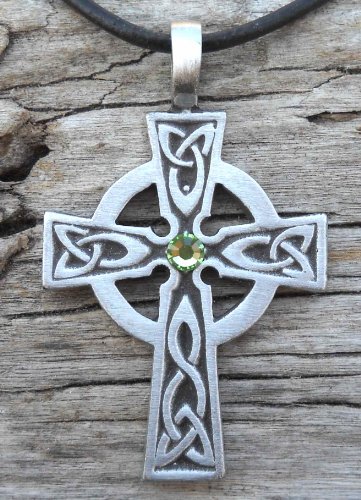 Trilogy Jewelry Pewter Celtic Cross Irish Wales Pendant On Leather W/Swarovski Crystal Light Green August Birthday #TOP1