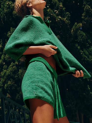 Image of Tankaneo Womens Sweater Set 2 Piece Outfits Oversized 3 /4 Sleeve V Neck Knit Tops High Waisted Shorts Lounge Sets