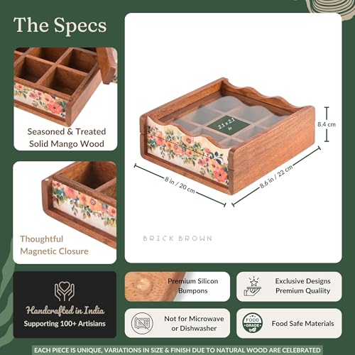 Image of Brick Brown Premium Wooden Pastel Flora Nava Masala Box with Wooden Spoon | 9-Compartment Spice Box Organizer with Acrylic Lid Meenakari Work | Masala Dani Namak Dani | Masala's Container Dabba