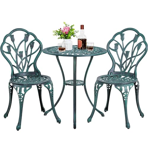 Yaheetech Patio Bistro Sets 3 Piece Cast Aluminum Bistro Table and Chairs Set, Cast Aluminum Bistro Table and Chairs Set of 2 with Umbrella Hole for Patio Backyard Balcony, Green