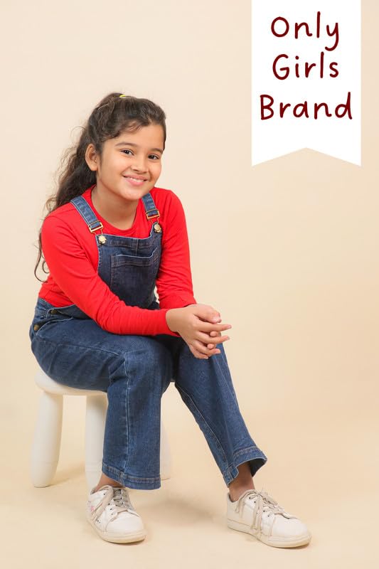 Image of Tweeny Mini Girls Pure Cotton Denim Dungaree for Kids | Relaxed Fit Full Length Overall Outfit with Pockets | Adjustable Straps