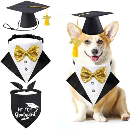 Pet Graduation Cap Dog Bandanas Collar Costume 3Pack Graduation Hat Triangle Scarf Grad Outfit Accessory for Dogs Cat Formal Tux Clothes with Bowtie Holiday Party Apparel (3PCS Gard Tux Set, Small)