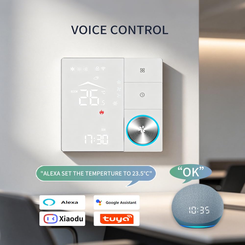 Termostato WiFi para Fancoil Ventilconvector Aire Acondicionado, 2 Tubos 3 Velocidades Ventilador, Termostato Inteligente Tuya Refrigeración Calefacción, Compatible Alexa Smart Life