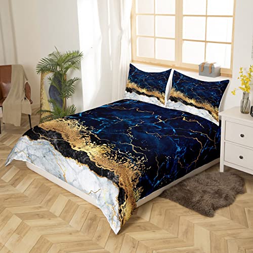 Marble Duvet Cover Set Gold Giltter Bedding Set Navy Blue Stone Marble Comforter Cover For Kids Adults Tie Dye Fluid Magma Abstract Art Hipster Quilt Cover 3 Pieces King Size Soft Bedroom Decor #TOP4
