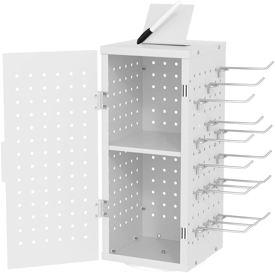 Alytree Rotating Pegboard Display Stand With 24 Hooks - Metal Spinning Peg Board Organizer Accessories with Magnetic Door Design, Magnet Display Stand for Keychain, Jewelry, Earring-White