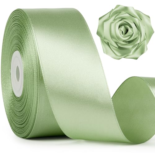Image of Mauproy 1-1 /2 Inch Wide Sage Green Satin Ribbon, 50 Yards Solid Polyester Fabric Ribbon for Flower Bouquets, Roses Making, Gifts Wrapping, Wedding Decorations, Handemade Crafts