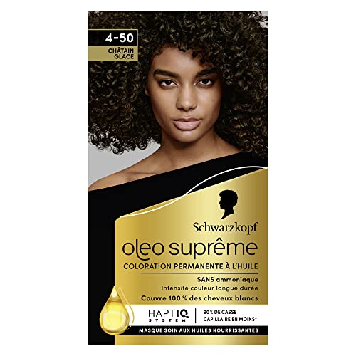Schwarzkopf Oleo Supreme – Tinte de aceite permanente, color y brillo de larga duración, sin amoniaco, cubre 100% cabello blanco, sistema HaptIQ, Castaño 4-50