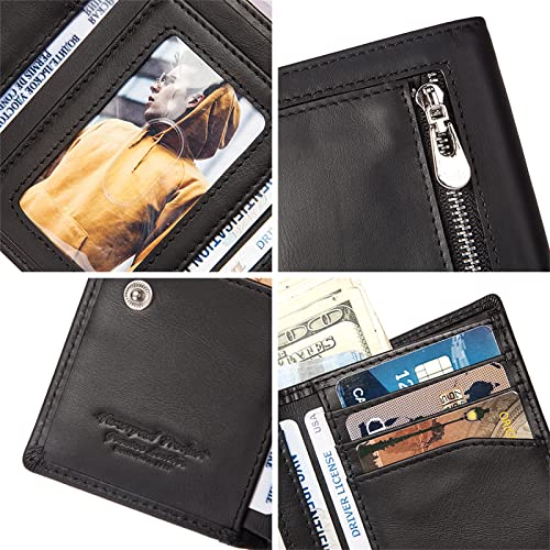 Wallet,Wallet for Men,Genuine Leather Wallet for,Men's Premium Genuine Leather Mens Trifold Wallet Blocking Card Holder Wallet Snap Zipper Coin Pocket(Black)4
