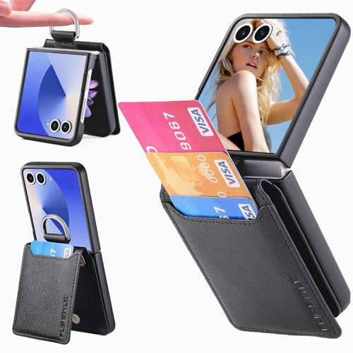 Ysnzaq Étui Portefeuille pour Samsung Galaxy Z Flip 7 5G avec Anneau et Porte-Cartes, Étui Antichoc de Téléphone à Rabat en Cuir Synthétique Coque pour Samsung Z Flip7-ZHQ Black