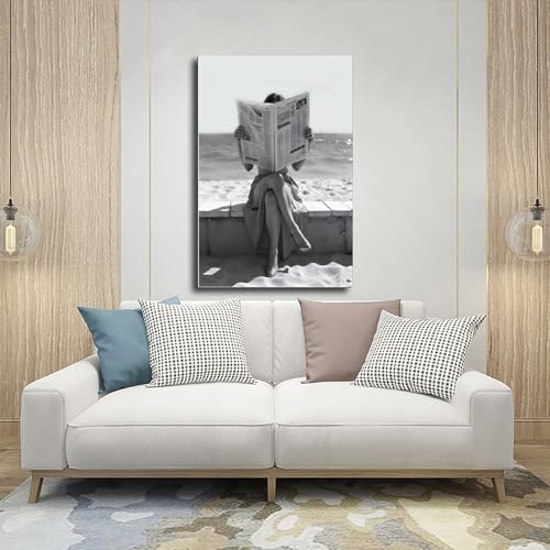 Toile rétro femme lisant journal impression monochrome premium 30x45cm - 5