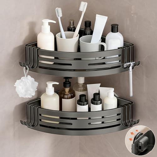 Image of Conworld Corner Shower Caddy Suction Cups, No-Drilling Corner Shower Shelf | 1. No Drilling, No Wall Damage 2. Strong Suction Cup, Holds 22 Lbs. 3. Aluminum, Rustproof & Durable
