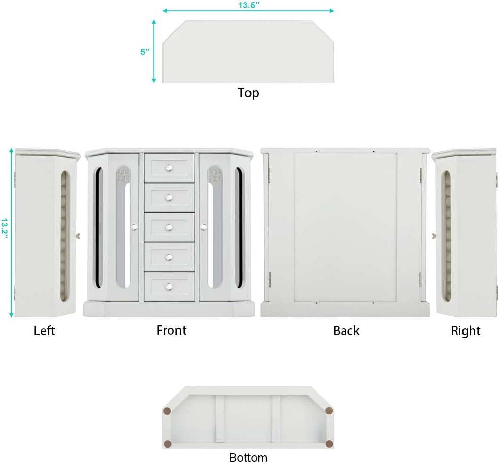 RR ROUND RICH DESIGN Jewelry Box - Made of Solid Wood with Cabinet Type 5 Drawers Organizer and 2 Separated Open Doors on 2 Sides and Large Mirror White