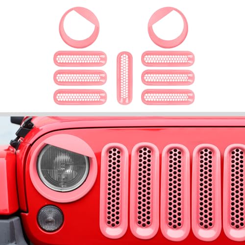 Image of JWWY Front Grille Insert Radiator Grille Grillwork Surround Assembly Inserts Headlight Headlamp Cover Trim Set Fit for 2007-2017 Jeep Wrangler JK JKU Exterior Accessories 9pcs Pink