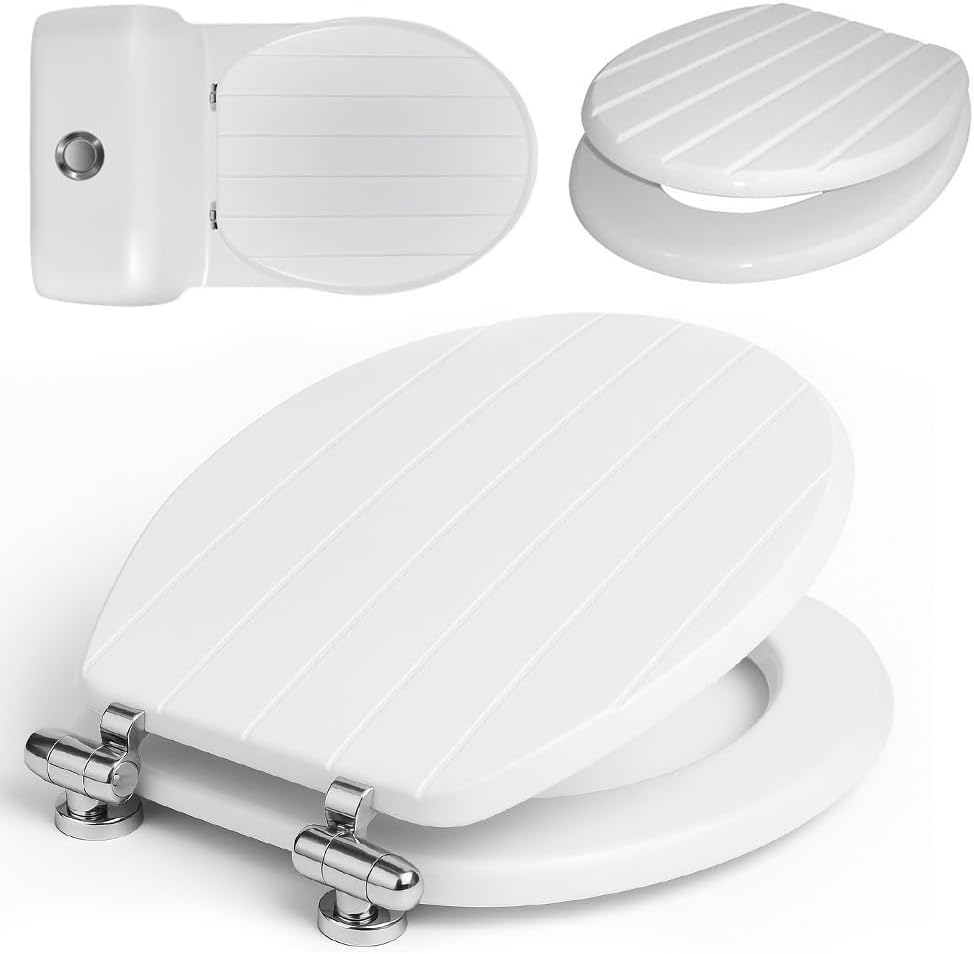 18" White Wooden Toilet Seat - Bathroom Wc Easy Clean Inch | Heavy Duty Easy to Install Hinges Fittings Included - Durable & Comfortable Oval Universal