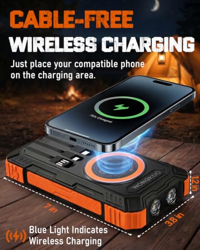 Image of Solar Charger Power Bank - 49800mAh Solar Phone Charger with USB-C in /Output, QC 3.0 Fast Charging with LED Flashlight, Built-in 4 Cables, IP65 Waterproof Fits for Outdoor (Orange)