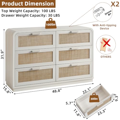 Image of LEYAOYAO Rattan 6 Drawer Dresser for Bedroom, Grey White | Modern 49 inch Wide Curved Dressers & Chests of Drawers with Solid Wood Handle & 5 inch Deep Drawers & Anti-Tip Safety