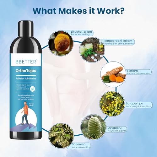 Image of BBETTER OrthoTejas | Ayurvedic Oil for Knee, back, shoulder & Joint Pain Relief, Swelling and Stiffness | Fast-Absorbing Oil with Likucha Thailam and Karpooradi Thailam | Long-Lasting Relief | 200ml