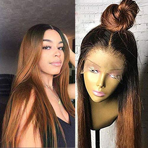 Human Hair Straight full lace wig 100% Real Brazilian Hair Ombre Black Roots 1B 30 Color 130% Density Wig For Black Women(10",lace frontal wig)