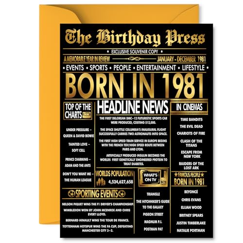 Gold 44th Birthday Card for Men Women - Black & Golden Newspaper Born in 1981 - Happy 44 Birthday Cards for Sister Son Neighbour Cousin Daughter Wife, 5x7 Inch Bday Greeting Cards