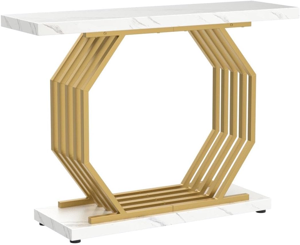 LITTLE TREE 40 Inch Gold Console Table Faux Marble Entryway Table Narrow Sofa Table Modern Accent Table for Living Room, White and Gold