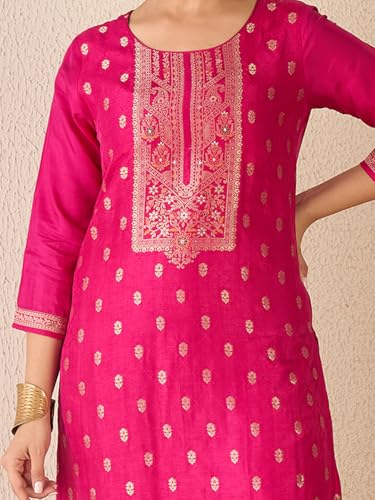 Image of INDO ERA Women's Straight Silk Blend Ethnic Motifs Printed Kurta & Pant With Dupatta Set (IESTR10385)