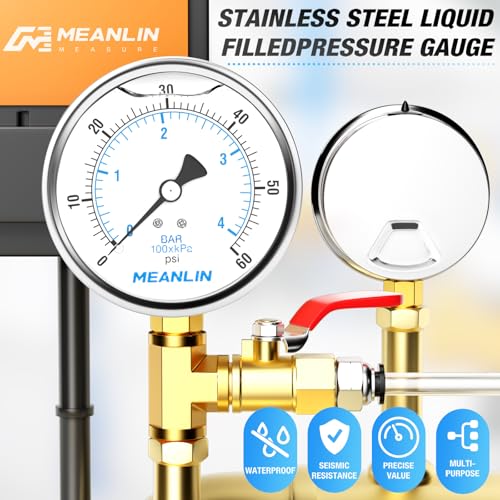Image of MEANLIN MEASURE 0~60Psi Stainless Steel 1 /4 inch NPT 4 inch FACE DIAL Liquid Filled Pressure Gauge, Pool Sand Filter Water Pump Pressure Test Lower Mount, with 1 /4 inch x 1 /2 inch NPT and 1 /4 inch x 3 /8 inch NPT Hex Bushing