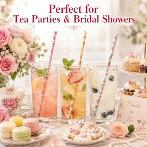 Image of ALINK Floral Paper Straws, Biodegradable Disposable Flower Straws for Bridal /Baby Shower, Wedding, Shabby Chic /Vintage Tea Party, Birthday, Events and Crafts Decorations