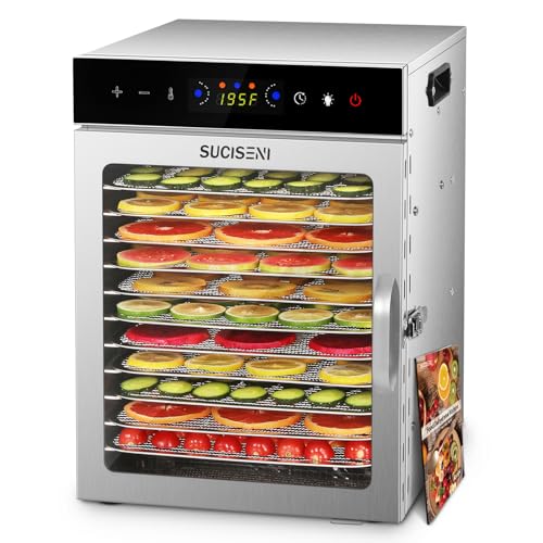 SUCICENI Food Dehydrator Machine 12 Stainless Steel Trays 1000W Meat Dehydrator for Home Use, 24H Timer & 195℉ Temperature Control Food Dryer for Jerky Fruit Herbs Mushroom Dog Treats