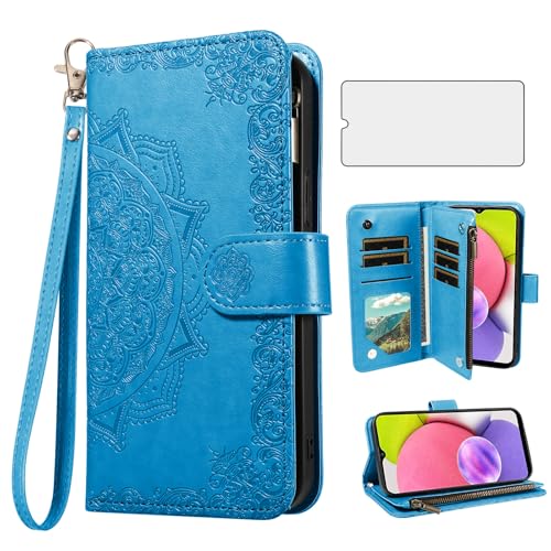 Coque Galaxy A03s 5G Ao3s fleur bleue idéale pour voyager léger avec son porte-carte intégré