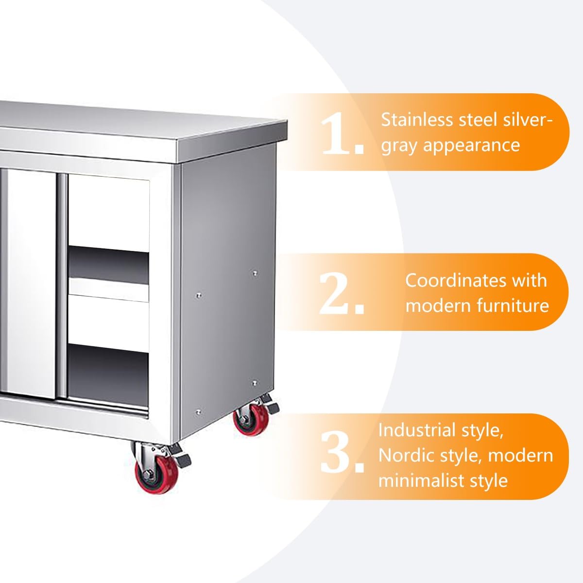 Mesa de trabajo de acero inoxidable con puertas dobles correderas y almacenamiento, mesa de preparación resistente con ruedas para cocina comercial, restaurante y garaje