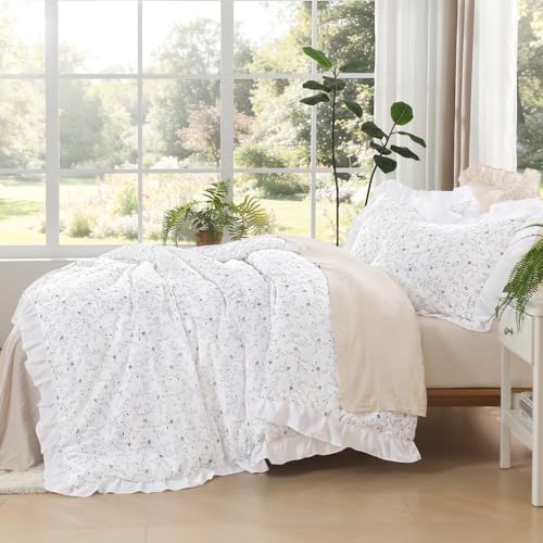Image of Litanika Floral Ruffle Queen Comforter Set, 3 Pieces White Cream Farmhouse Aesthetic Soft Lightweight Fluffy Bedding Comforter Sets for Girls Women, All Season (90x90In Comforter, 2 Pillowcases)