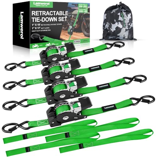 Image of Retractable Ratchet Straps (4-Pack) - 1 Inch x 10 Feet (1,650lb Break Strength) - Heavy Duty Auto Self Retracting Tie Down Straps for Motorcycle, ATV, UTV, Truck, Cargo Trailer - Green