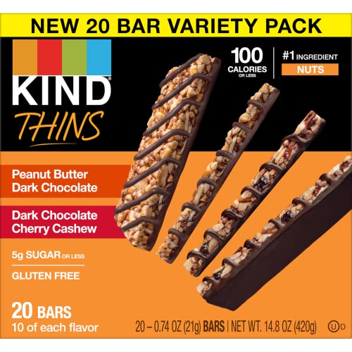 KIND Thins Snack Bars, 2 Flavor Variety Pack, Gluten Free, 100 Calorie, 60 Count, Peanut Butter Dark Chocolate & Dark Chocolate Cherry Cashew - image 2
