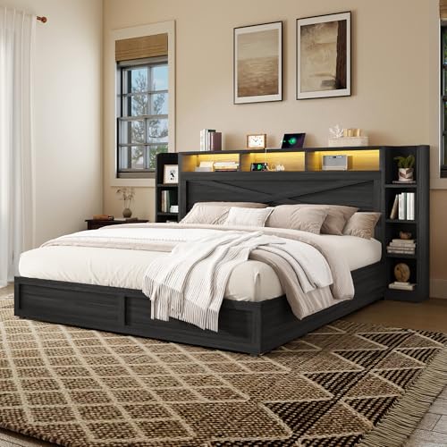 Image of AMERLIFE 45'' Farmhouse King Bed Frame with 4 Drawers, LED Bed Frame with Bookcase Headboard & Side Shelves, Wood Platform Bed with Charging Station, Black