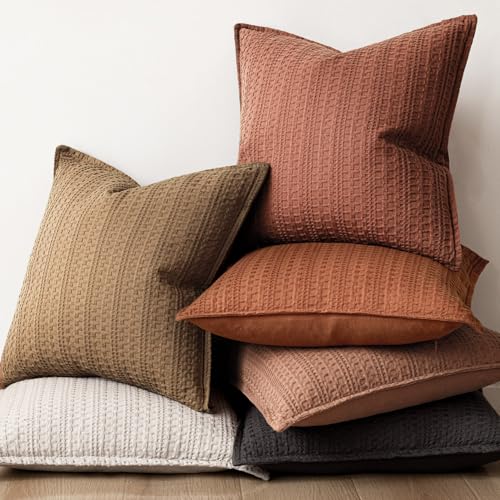Image of Foindtower Set of 2 Decorative Cotton Waffle Weave Throw Pillow Cover Euro Shams Cushion Covers Accent European Pillowcase For Bed Couch Sofa Bedroom Living Room Home Decor 26x26 Inch Fall Rust Orange