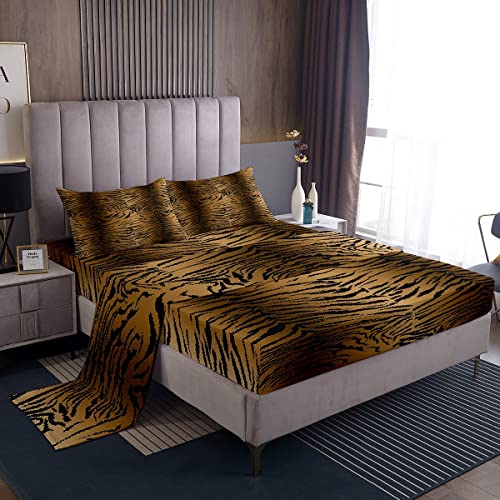 Black and Brown Bed Sheet Set Tiger Skin Pattern Bedding Set for Kids Adult Leopard Print Fitted Sheet Wild Animal Stripes Print Bed Cover Safari Cat Printed Room Decor Twin Size 3Pcs