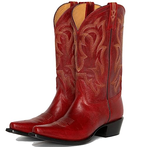 KISSASA Embroidered Western Boots Wide Calf Cowboy Boots Pointed Toe Mid Calf Cowgirl Boots