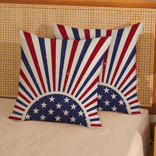 DAFENA 4th of July Pillow Covers 18x18 Inch 2 Pcs Blue Red Striped Sunshine Outdoor Decor Throw Pillows Patriotic Star Farmhouse Holiday Decoration Pillowcase Linen Cushion Cover for Couch Sofa Bed — view 2