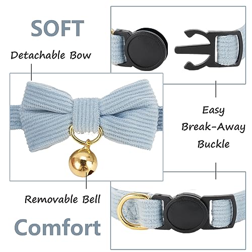 Petiry Quick Release Cat Collar,Corduroy Breakaway Pink Kitten Collar With Removeable BowTie and Gold Bell,Pack of 2,Blue Pink - Image 3