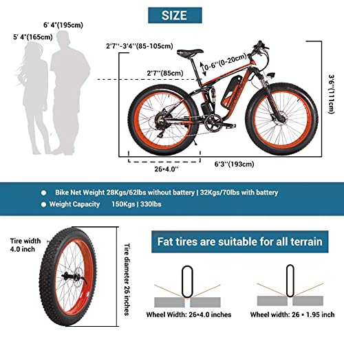 Cyrusher Electric Bike,Xf800 750W Dual-Suspension 48V/13Ah Removable Battery 26'' X 4'' Fat Tire Ebike 28Mph 7-Speed Snow Beach Mountain E Bike For Adults #TOP6