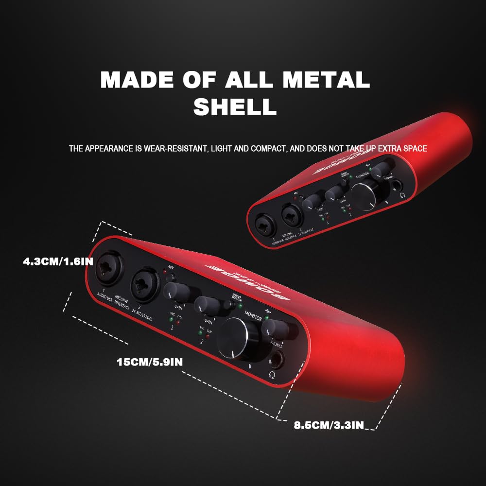 BOMGE Interfejs audio USB z zasilaniem fantomowym XLR/48 V, wysoka wierność 24 bitów/192 kHz, do interfejsu miksera audio studyjnego dla gitarzysty, wokalisty, podcastera, producenta, Plug and